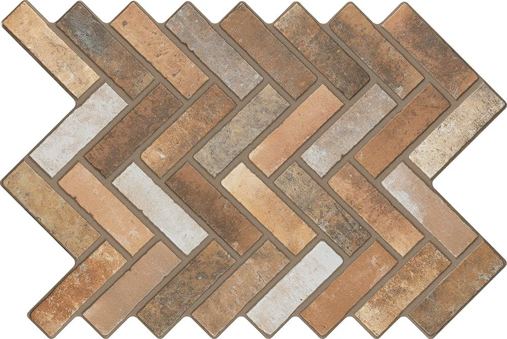 Herringbone pattern of brown and beige tiles on a white background
