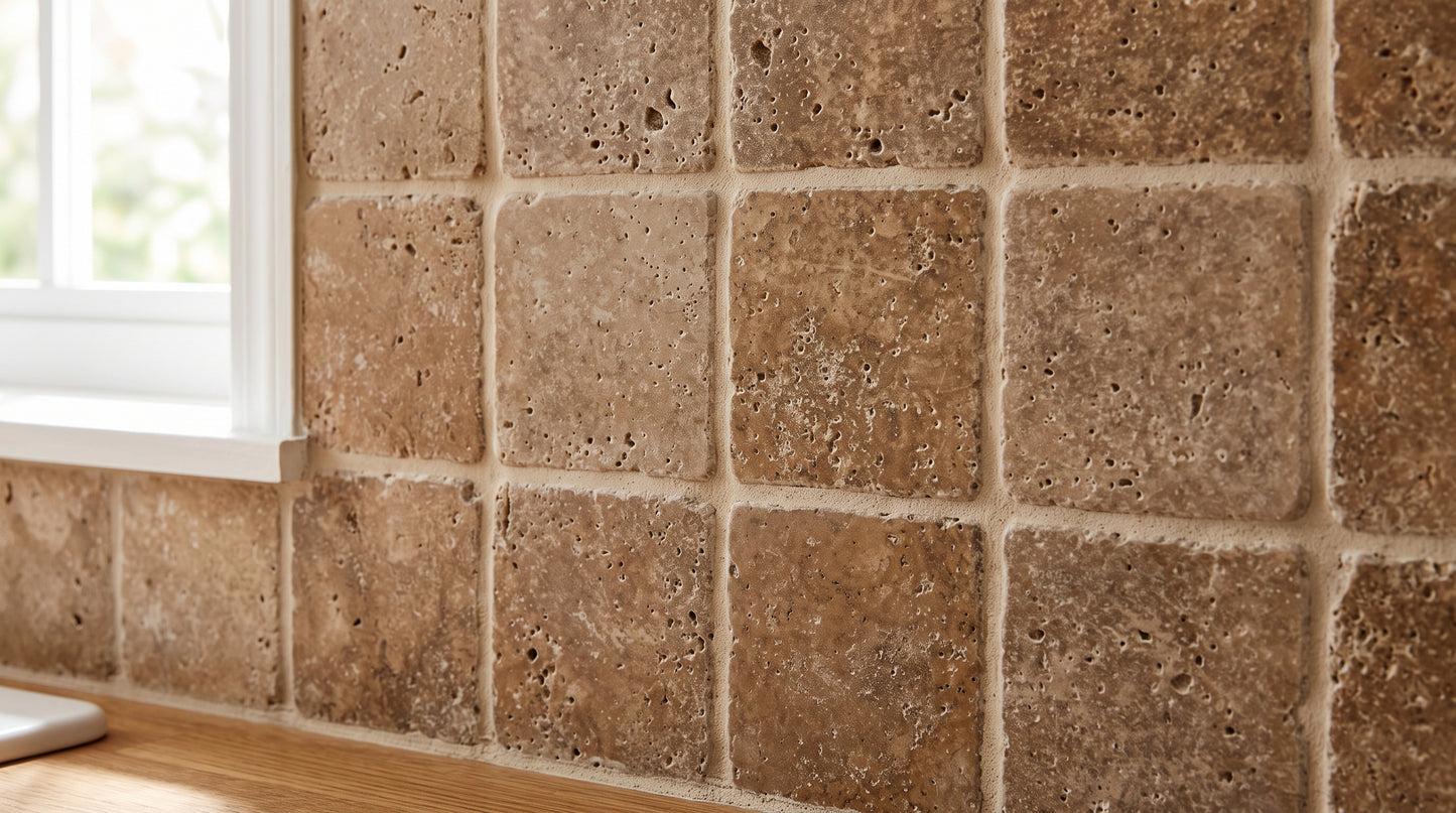Brown travertine stone wall tiles with a natural porous texture, arranged on a kitchen backsplash above a wooden countertop next to a white window frame.