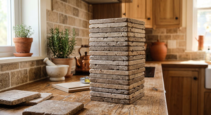 A tall stack of rectangular stone or concrete tiles on a rustic wooden kitchen counter, with matching tiles placed in the foreground and a warm kitchen interior in the background.