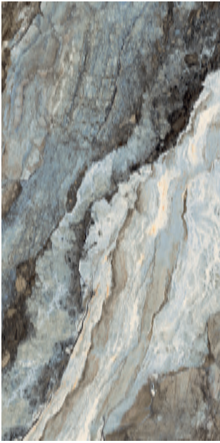 Blue tile that resembles a close-up of layered rock with various shades of gray and brown.