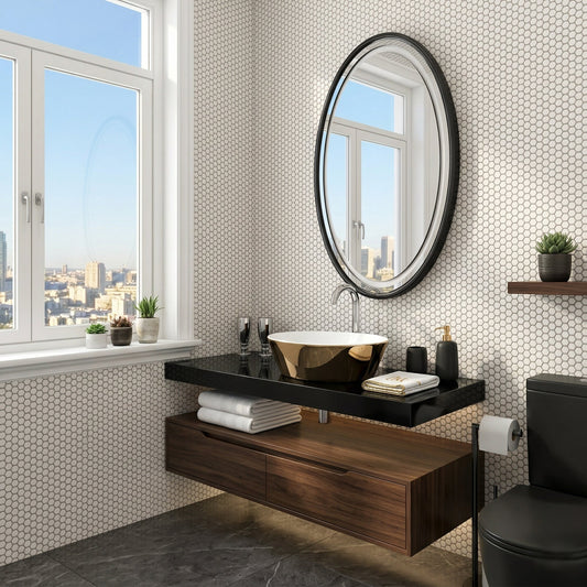 Modern bathroom with black sink, wooden vanity, and circular mirror.