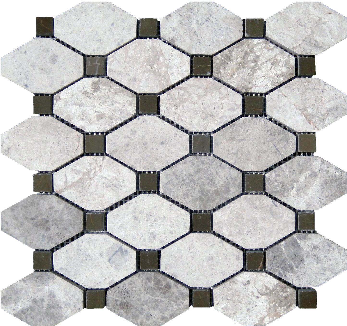Hexagonal marble mosaic tile pattern with gray and white stones and black grout lines.