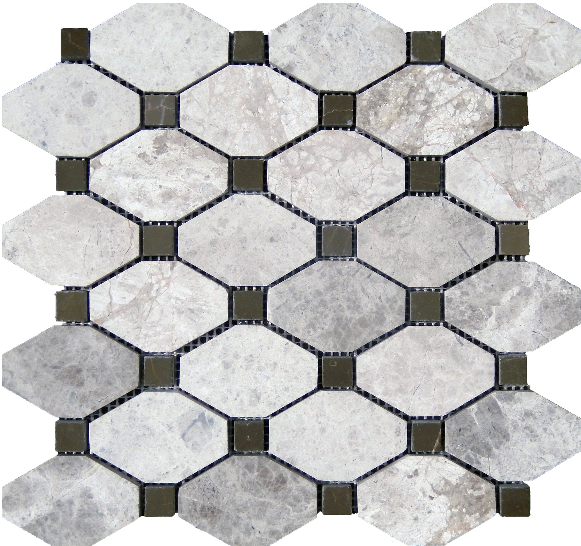 Hexagonal marble mosaic tile pattern with gray and white stones and black grout lines.