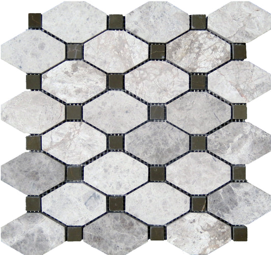 Hexagonal marble mosaic tile pattern with gray and white stones and black grout lines.
