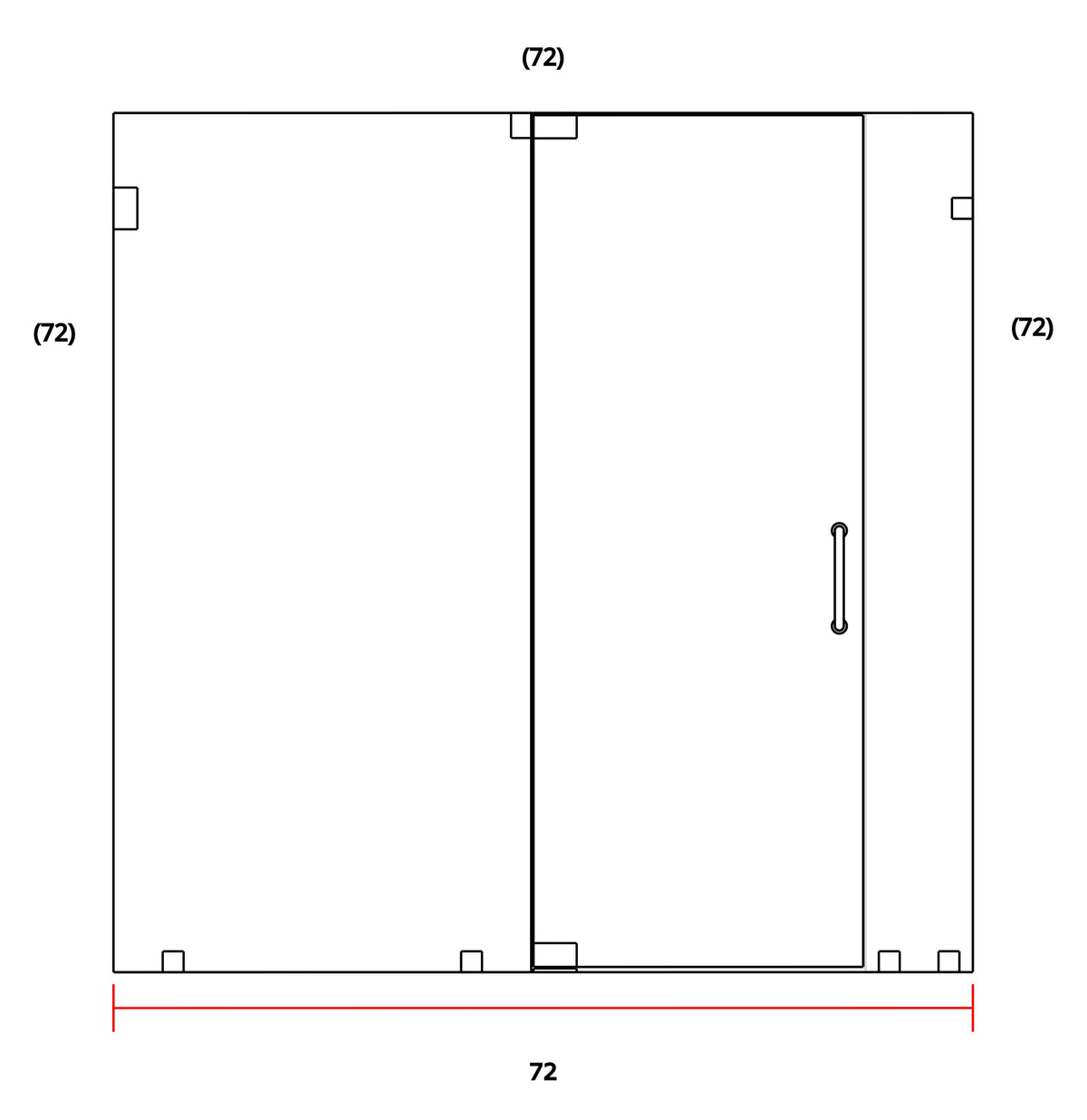 A simple black-and-white technical drawing of a rectangular door or panel with dimension labels reading 72 along the top and bottom, plus small corner and handle marks.