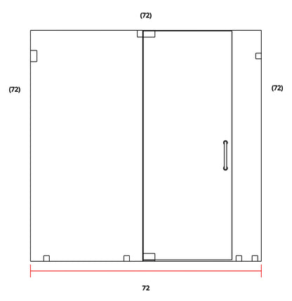 A simple black-and-white technical drawing of a rectangular door or panel with dimension labels reading 72 along the top and bottom, plus small corner and handle marks.