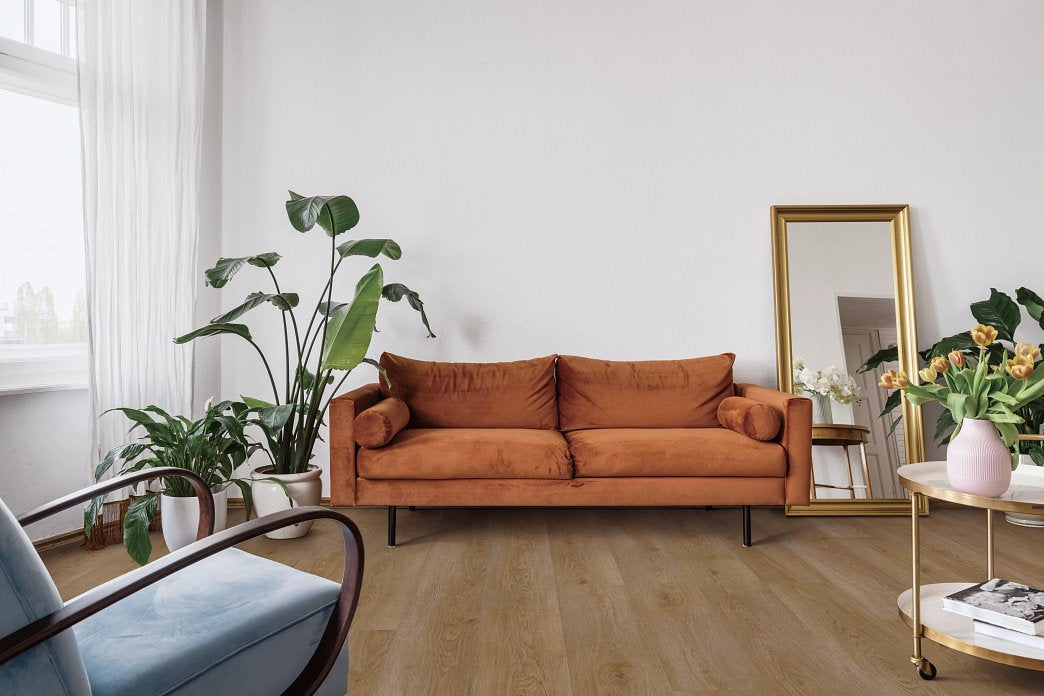 A living room scene with a orange sofa, wooden flooring, and various plants and decorative items in the background.