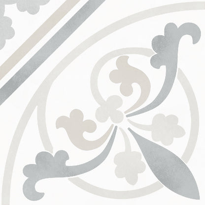 Decorative tile with intricate patterns in gray and white on a light gray background