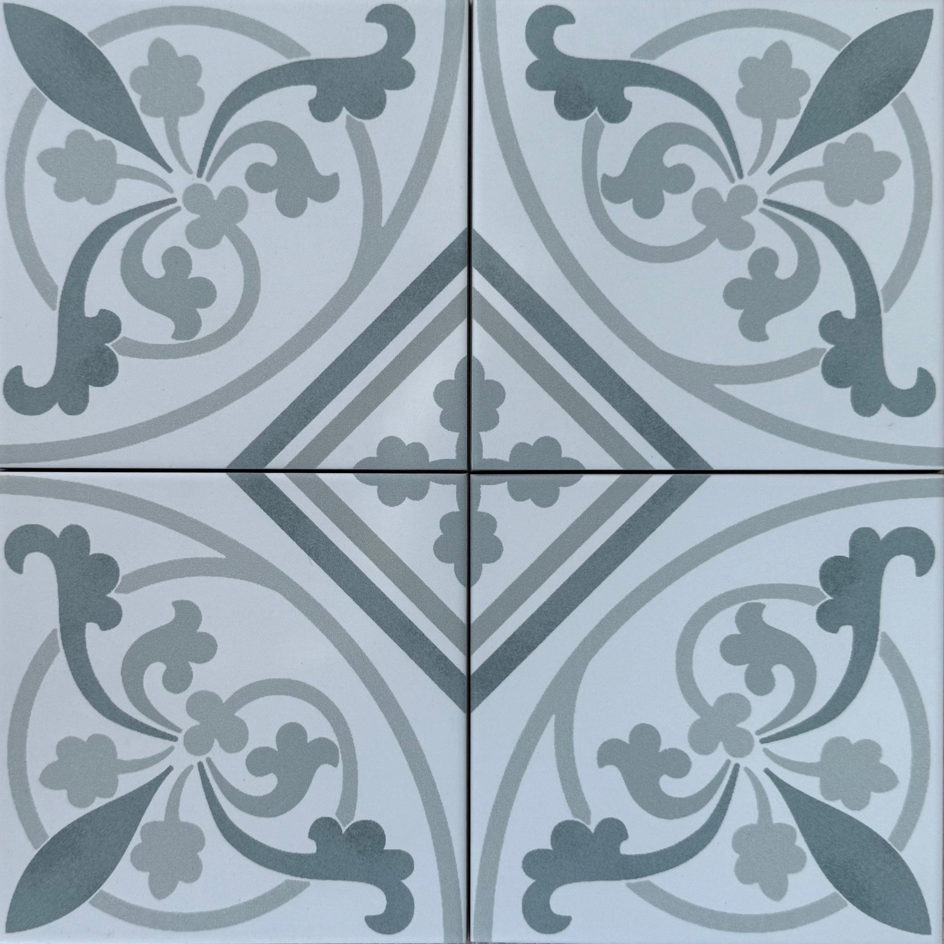 Decorative tiles with floral patterns on a gray background