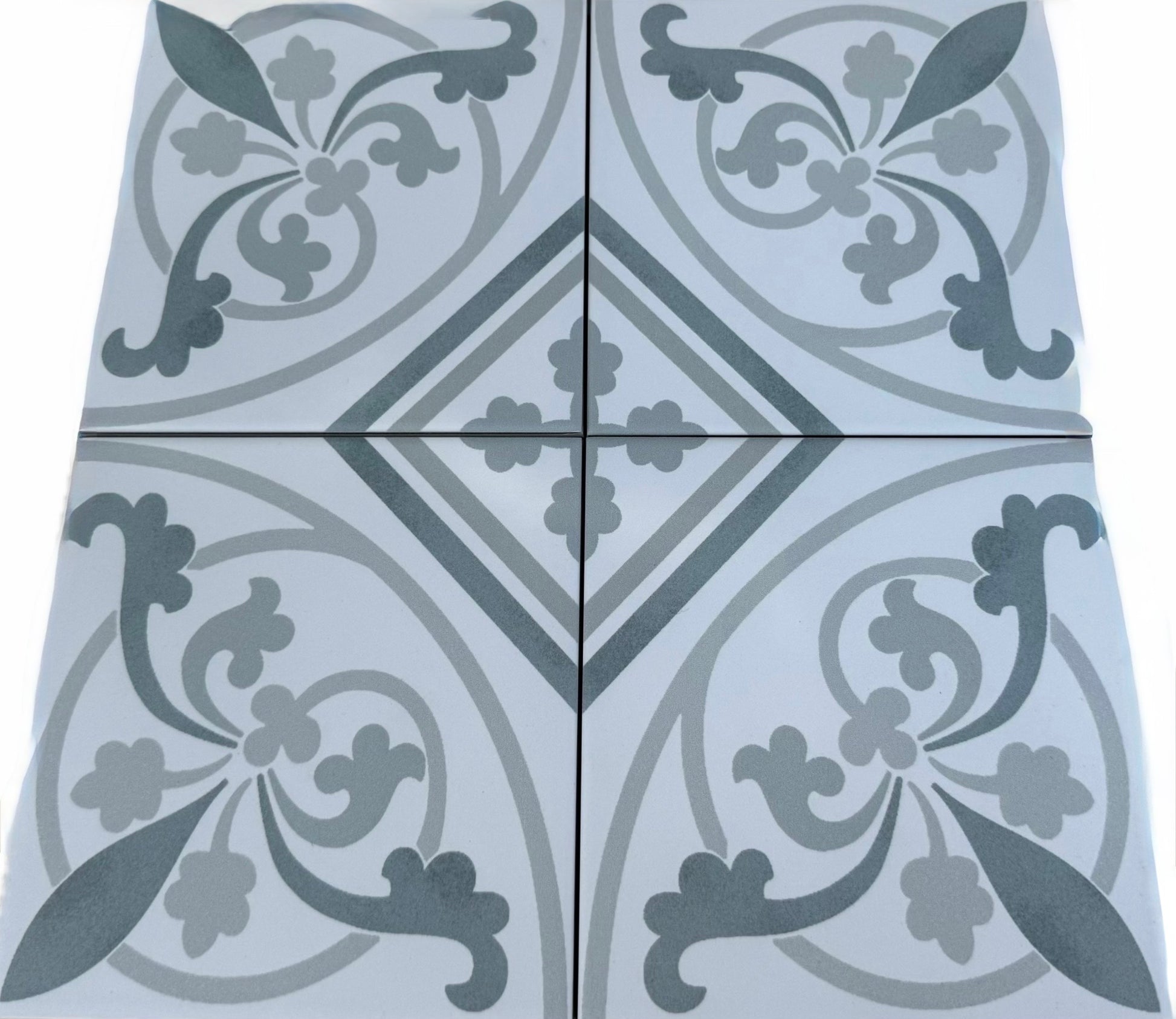 Decorative tiles with floral patterns on a light blue background