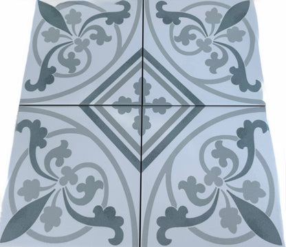 Decorative tiles with floral patterns on a light blue background