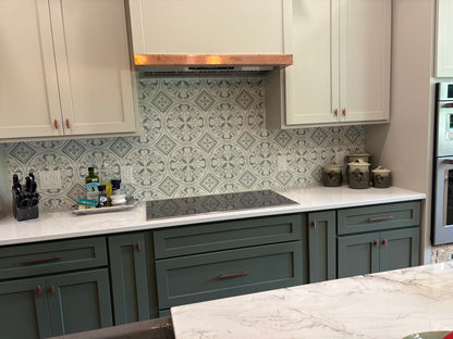 Modern kitchen with patterned backsplash and white countertops