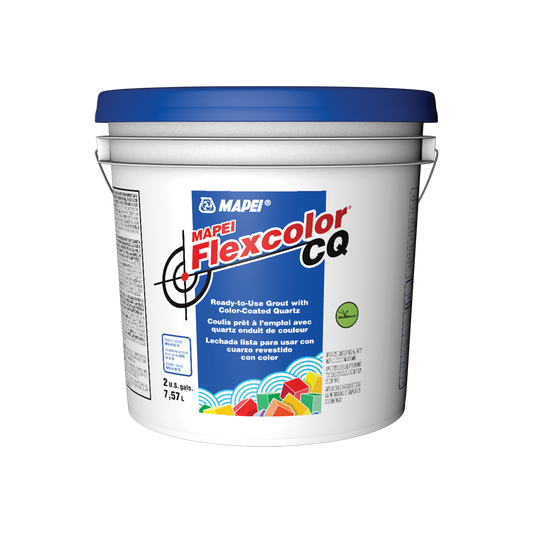 A 2.25 gallon white plastic bucket of grout with a blue lid, featuring a blue and white product label.
