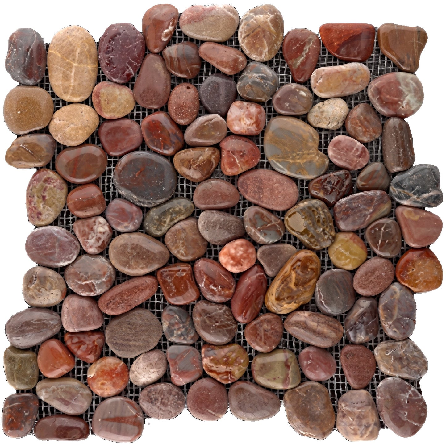 Pebble mosaic tile sheet featuring smooth, rounded stones in earthy tones of brown, red, beige, and gray, arranged on a black wire grid background.