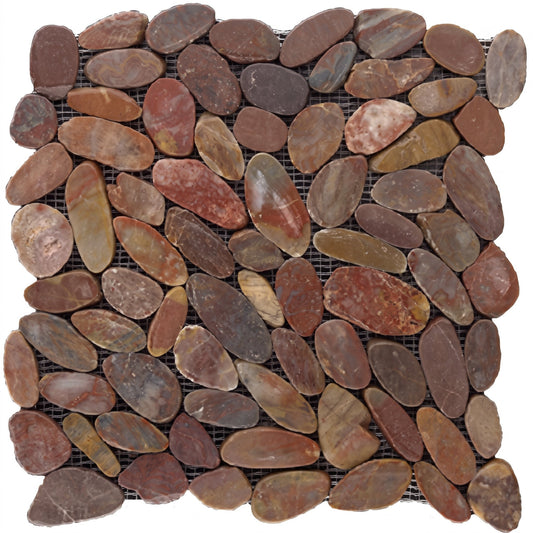 A square mosaic tile sheet featuring smooth, pebble-shaped natural stones in earthy brown, reddish-brown, beige, and gray tones, arranged over a black wire grid background.