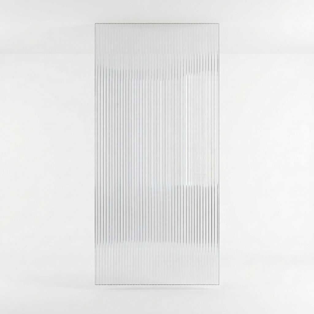 A tall rectangular frosted glass panel with vertical ribbed texture, shown against a clean white studio background.