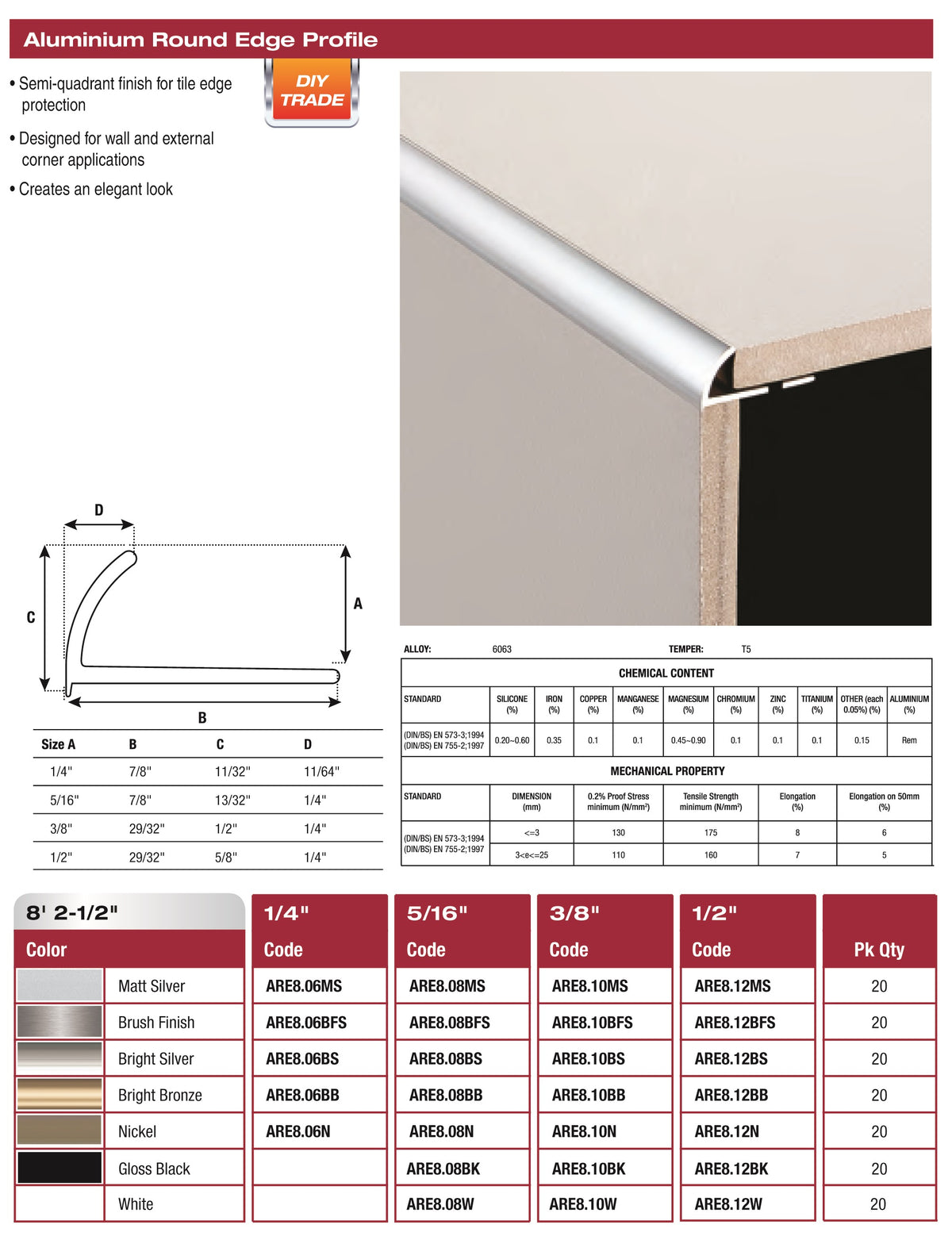 Round Edge Profile 3/8" Polished Chrome