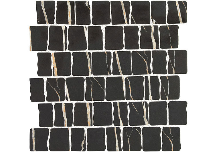 Black mosaic tiles with white veins on a white background