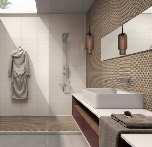 Modern bathroom with shower, sink, and towel