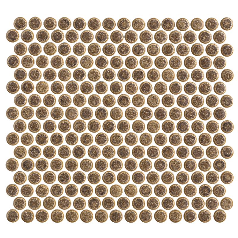 Pattern of round metallic tiles on a white background