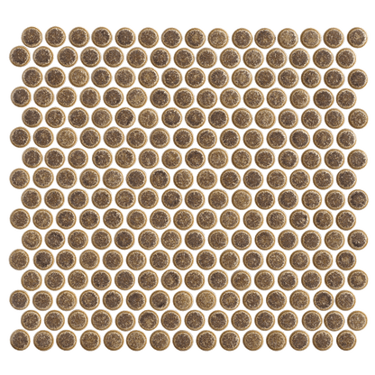 Pattern of round metallic tiles on a white background