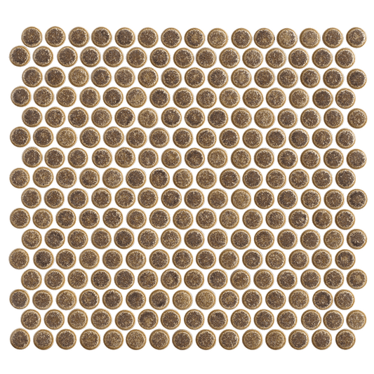 Pattern of round metallic tiles on a white background