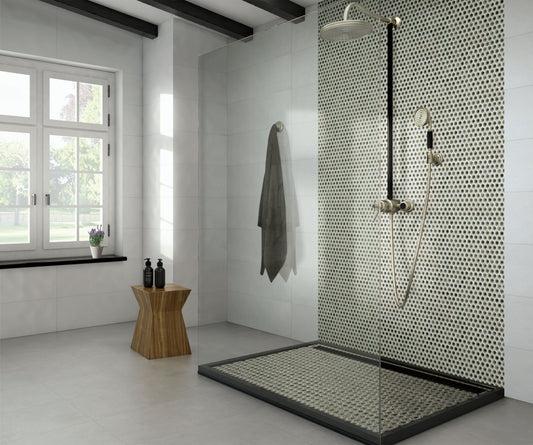 Modern bathroom with a shower area featuring a glass enclosure and tiled wall.