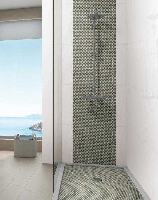 Modern shower with penny tile design and ocean view