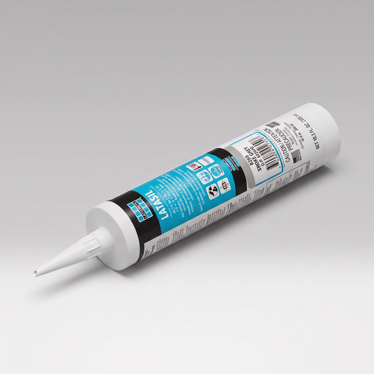A single tube of Laticrete caulk sealant, shown diagonally on a light gray studio background. The tube is white with a prominent blue and black label.