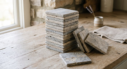 A stack of square stone coasters in a rustic gray and beige finish, displayed on a wooden table next to a folded beige cloth.
