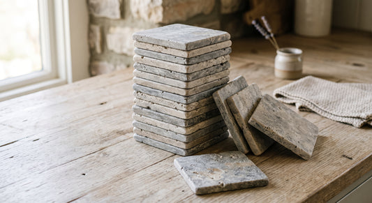 A stack of square stone coasters in a rustic gray and beige finish, displayed on a wooden table next to a folded beige cloth.