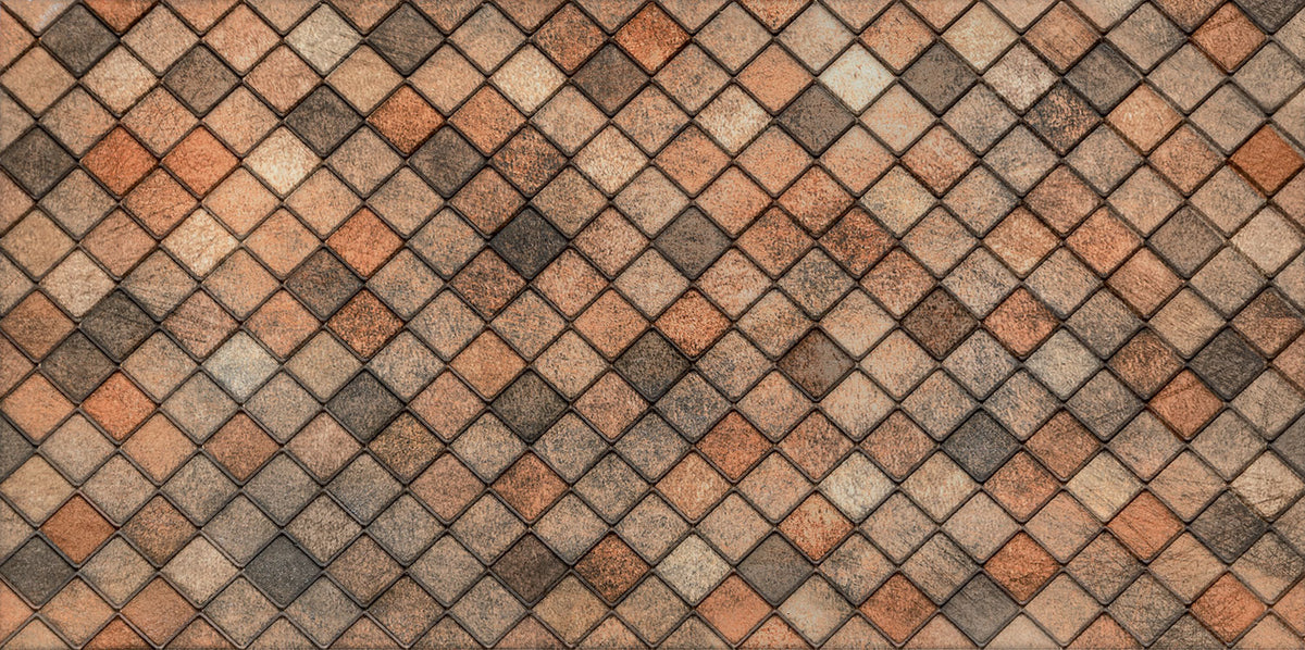 A close-up of a textured diamond-patterned surface made of small square tiles in warm earthy tones including terracotta, brown, beige, and charcoal gray.