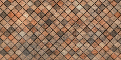 A close-up of a textured diamond-patterned surface made of small square tiles in warm earthy tones including terracotta, brown, beige, and charcoal gray.