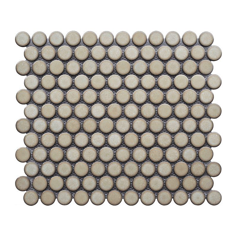 Mosaic tile pattern with round beige tiles on a white background
