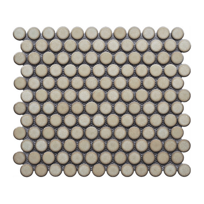 Mosaic tile pattern with round beige tiles on a white background