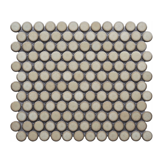 Mosaic tile pattern with round beige tiles on a white background