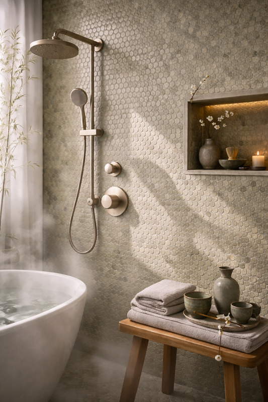 Modern bathroom with freestanding bathtub, shower system, and wooden stool with decorative items.