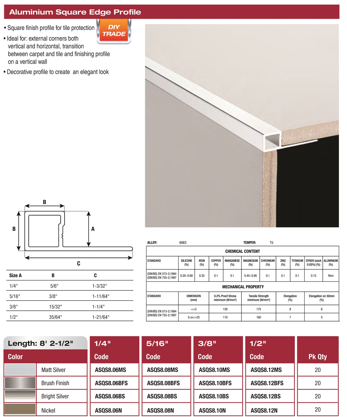 Square Edge Profile 1/2" Satin Nickel