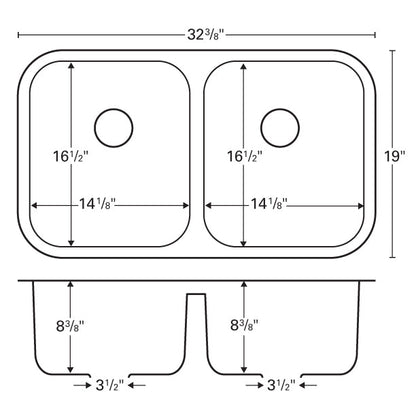 Stainless Steel Double Equal Bowl Seamless Undermount Sink 32-1/2"
