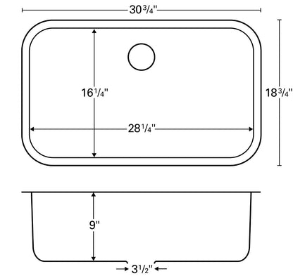 Stainless Steel Large Single Bowl Seamless Undermount Sink 30-3/4"