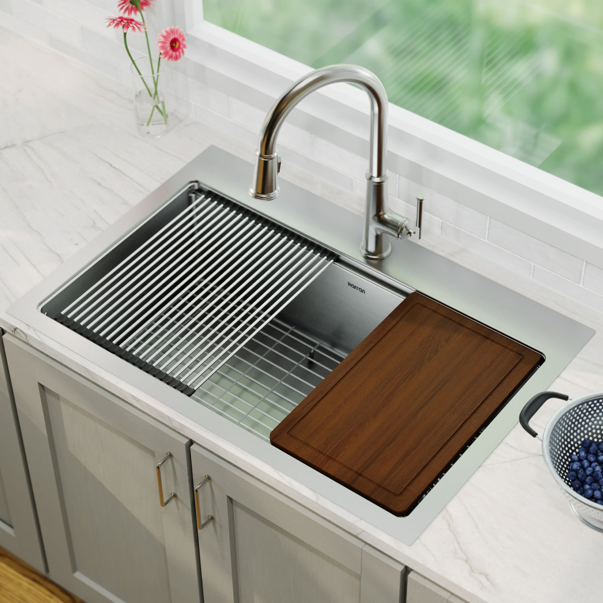 Stainless Steel Large Single Bowl Top Mount Workstation Sink 33"