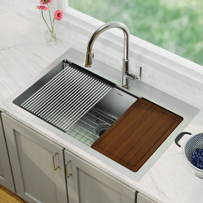 Stainless Steel Large Single Bowl Top Mount Workstation Sink 33"