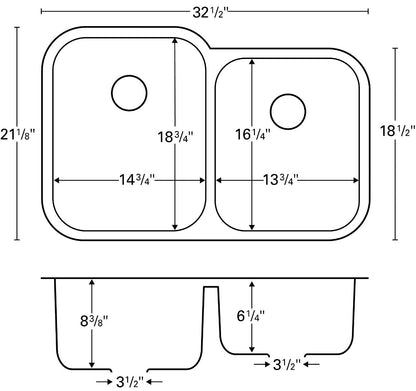 Stainless Steel Large/Small Bowl Seamless Undermount Sink 32-1/2"