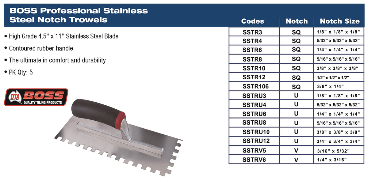 Stainless Steel Square Notch Adhesive Trowel-1/2"x1/2"x1/2"