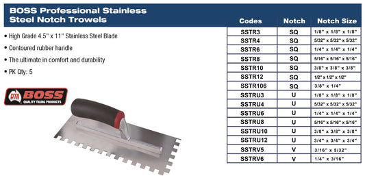 Stainless Steel Square Notch Adhesive Trowel-1/2"x1/2"x1/2"