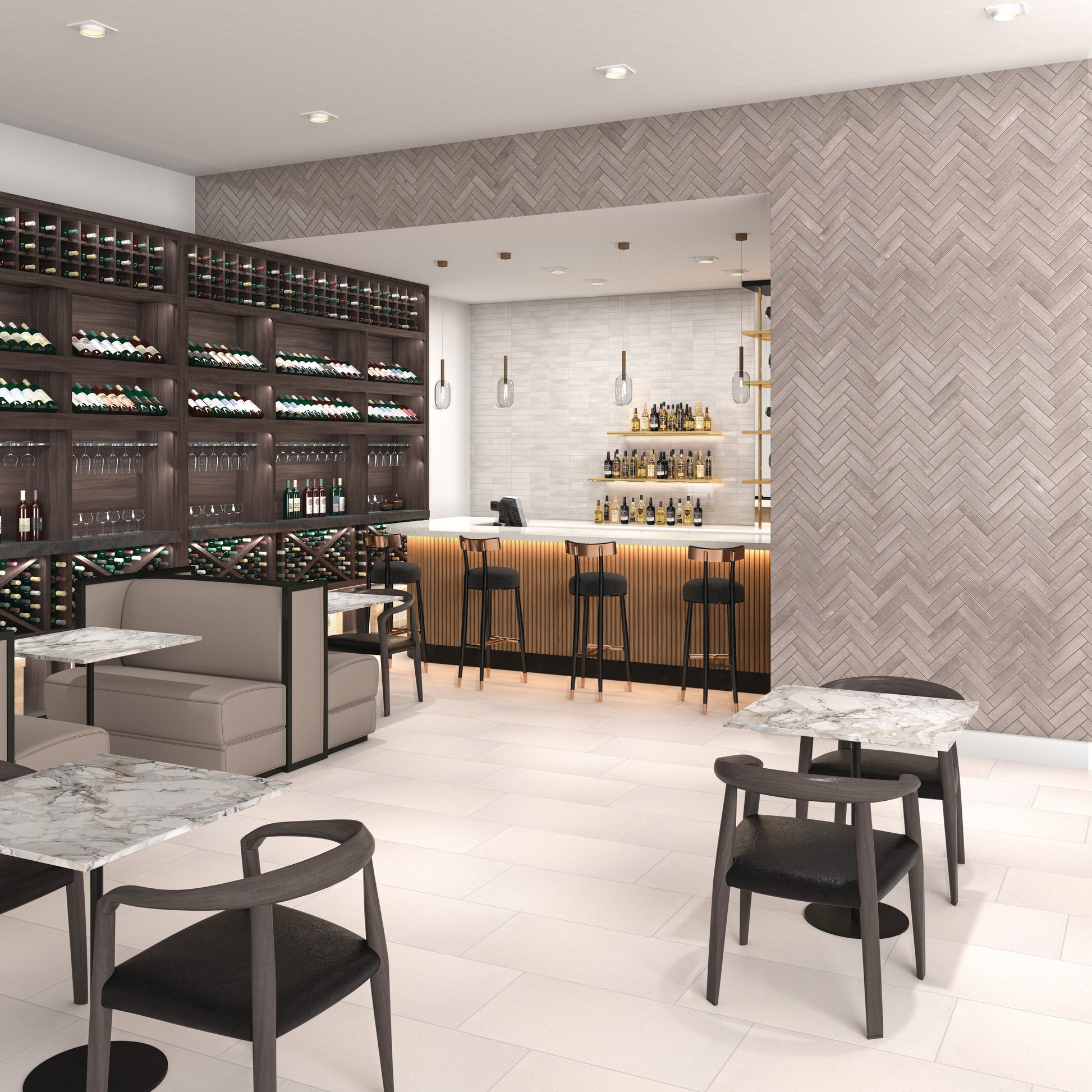 Modern bar interior with wine bottles, tables, and chairs.