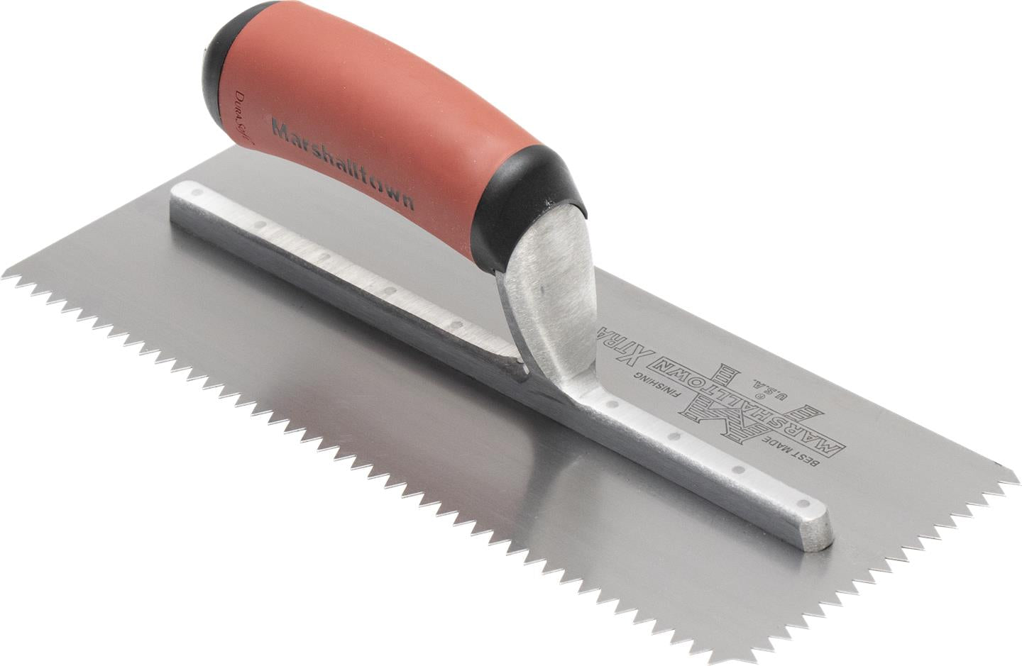 A V-Shaped Notched Trowel with an maroon handle and a silver blade, laying on a white surface.