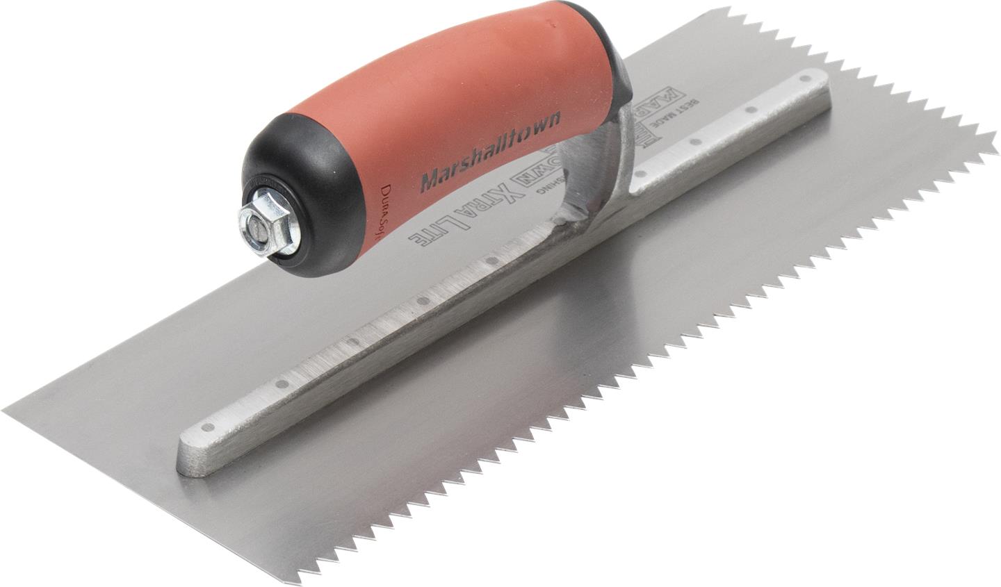 A V-Shaped Notched Trowel with an maroon handle and a silver blade, laying on a white surface.