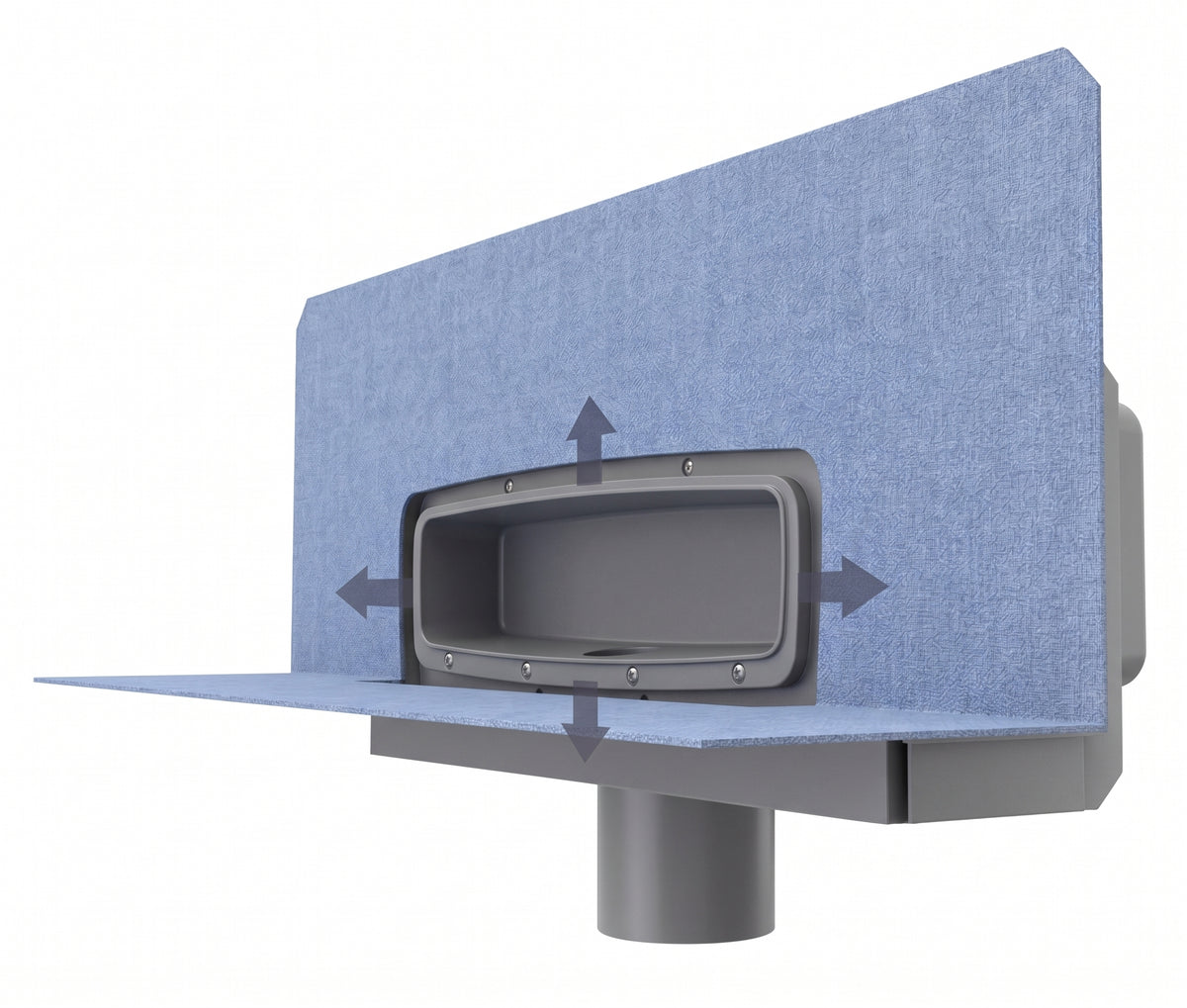 A gray and blue connector with a rectangular drain receptor, shown on a white background with gray arrows indicating adjustable placement or mounting direction.