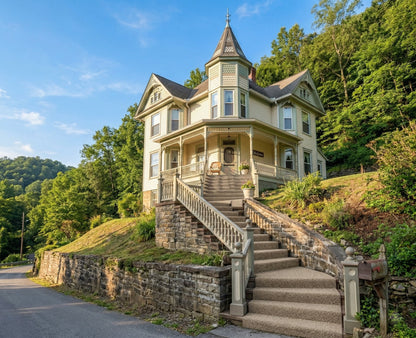 Victorian-style house with a staircase on a hillside with trees and blue sky.